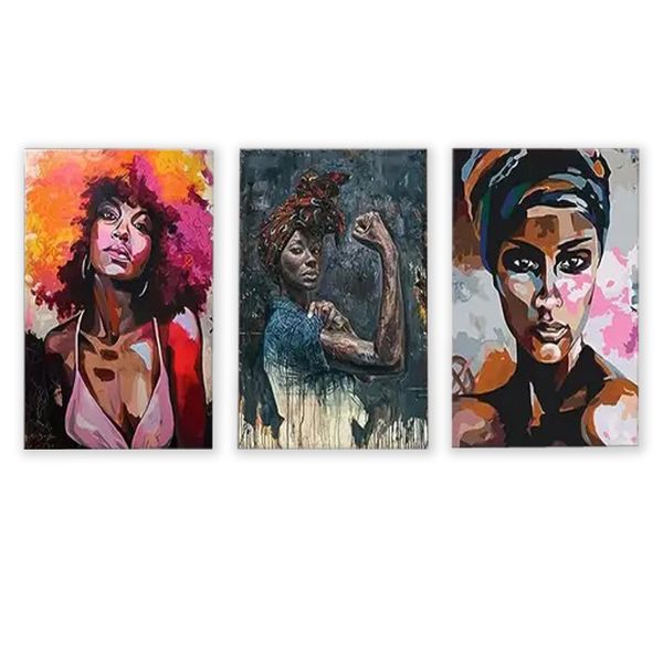 Canvas- Art - 3 Pieces Striking Black African Ladies Canvas Wall Art Decor