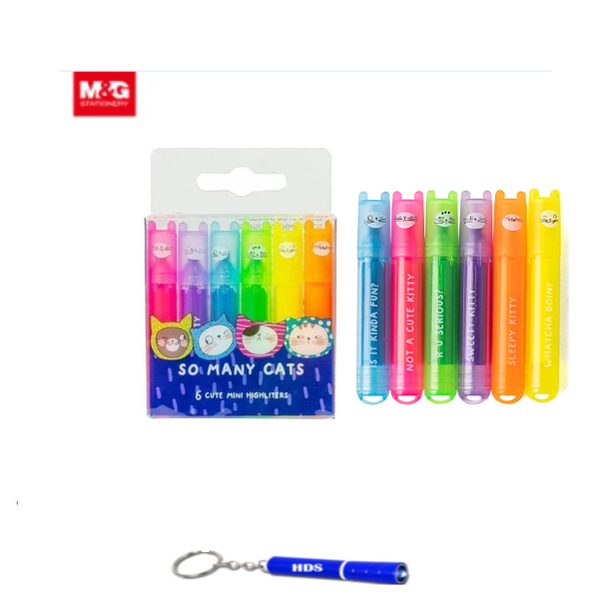 M&amp;G so many cats cute florescent mini highlighters pack of 6 with HDS torch