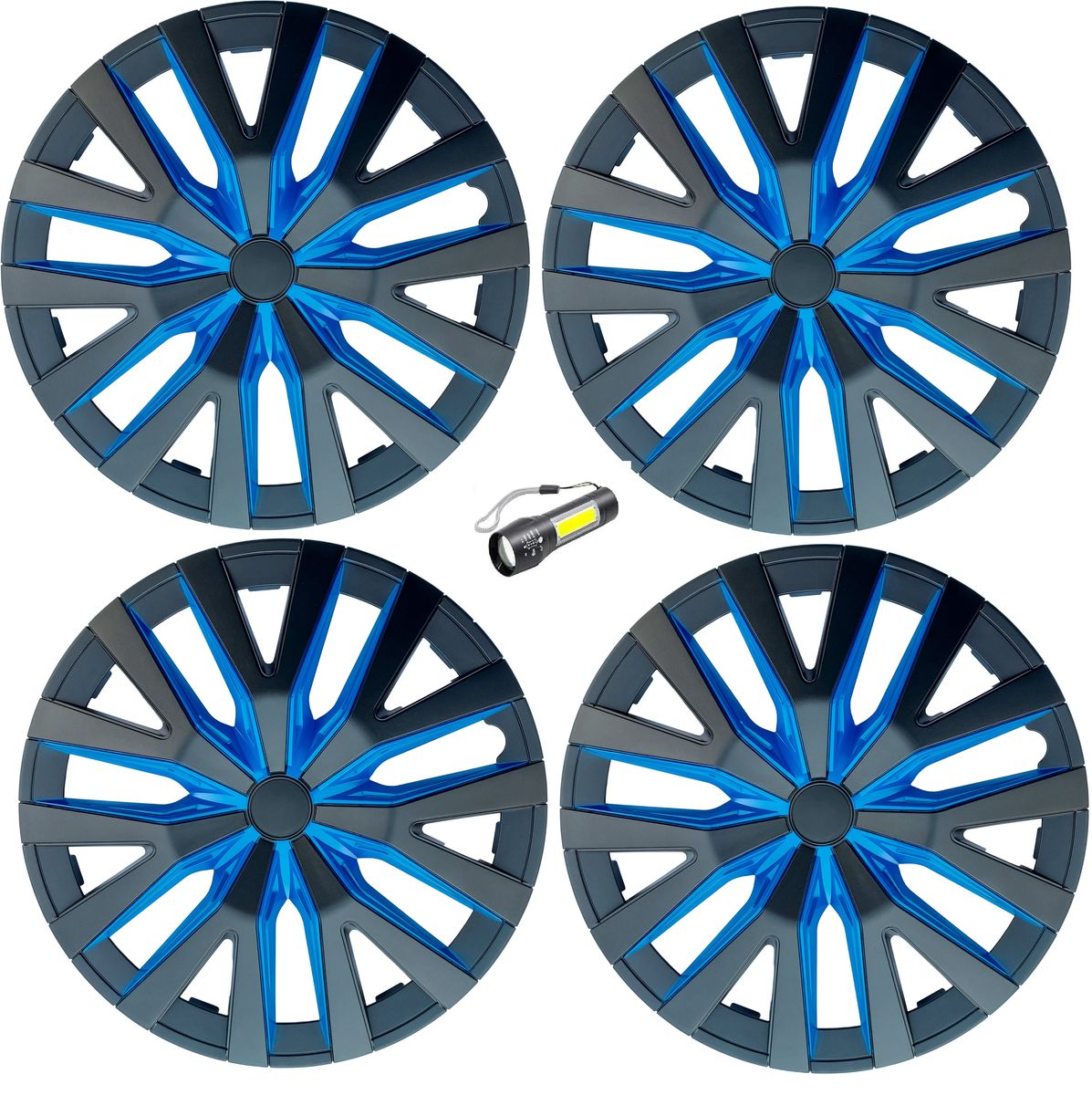 Auto Gear 14" Matt Black and Blue Wheel Cover Set of 4 and Torch