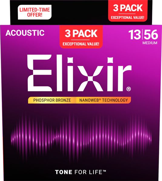 Elixir Nanoweb Phosphor Bronze Medium Acoustic Guitar Strings(13-56)-3 Pack