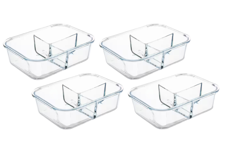 Rectangular Glass Food Storage Container 3 Compartment Meal Prep 1.04L 2Pc