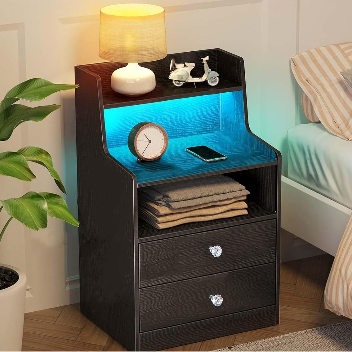 Nightstand Side End Table LED Bedside Table with 2 Drawers Storage