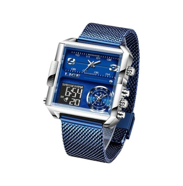 LIGE - Men's Electronic Multi-Functional Watch With Dual Display - Blue