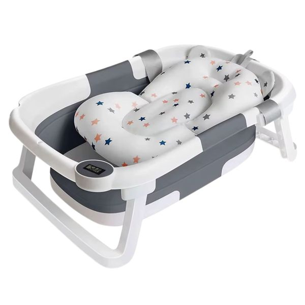 Portable Collapsible Baby Infant Bath Tub Temperature Sensor &amp; Bath Cushion
