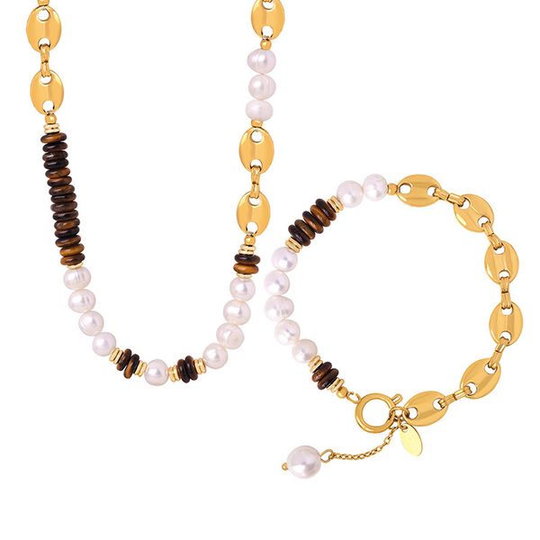 Pearl &amp; Tiger Eye Jewelry Set - Snoot Chain Necklace &amp; Bracelet Collection