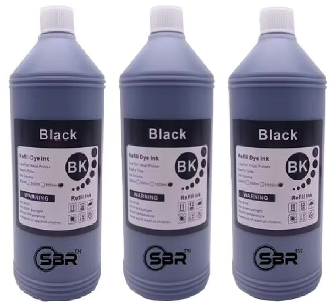 SBR Universal Dye Refill ink - 1 Litre - Black - 3 Pack For Canon Printers