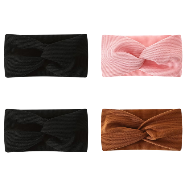 Premium Knotted Headband 4-Pack - Black, Pink, Dark Brown