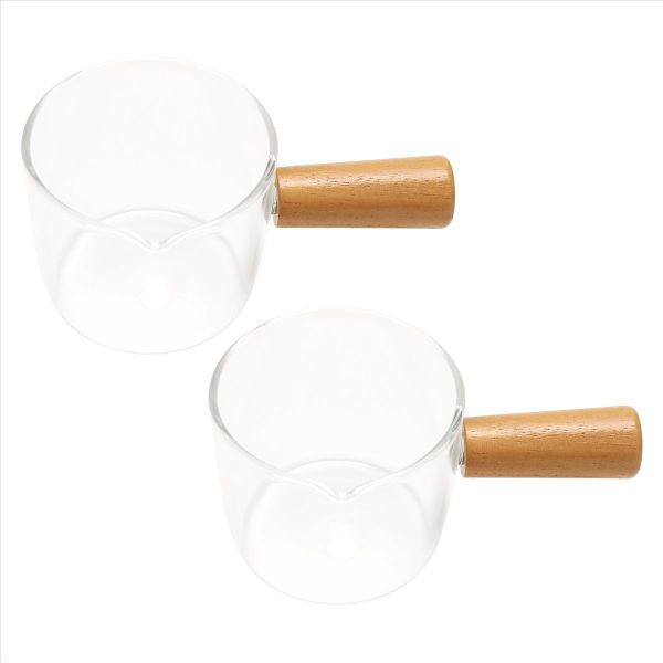 2PCS Transparent Glass with Wooden Handle, Creamer Pitcher. 100Ml