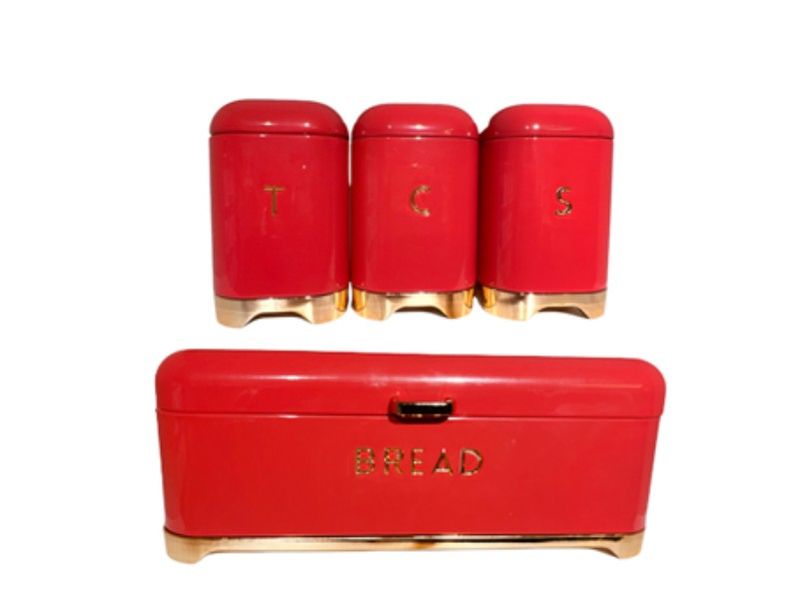Continental Homeware Red BreadBin with Rosegold Base &amp;3pcs Canister Set