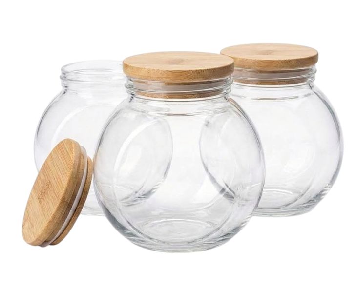 Home 3-Piece Spherical Glass Storage Jar Set with Bamboo Lids - 500ml