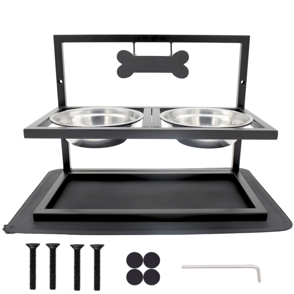 Bestby-3 Height Adjustable Dog Bowls Feed Station Stand with Mat &amp; Bone Tag