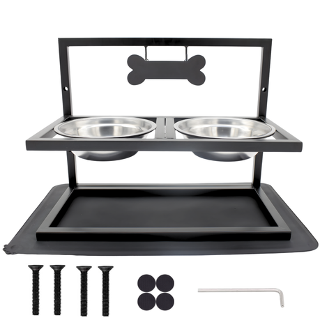 Bestby-3 Height Adjustable Dog Bowls Feed Station Stand with Mat & Bone Tag Image