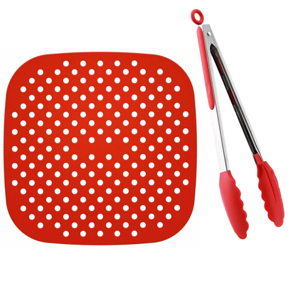 Square Silicone Air Fryer Mat with Silicone Tong - Red