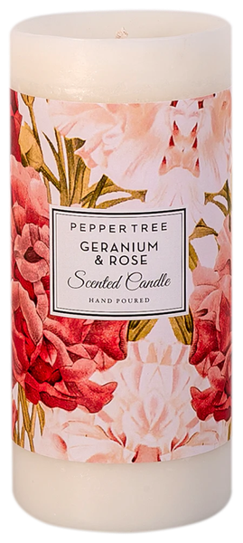 Pepper Tree Geranium &amp; Rose Large Scented Pillar Candle 700ml