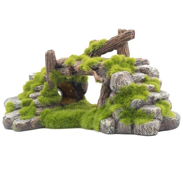 Pet Decor Aquarium Fish Tank Resin Landscape With Moss Ornament - 18.8cm