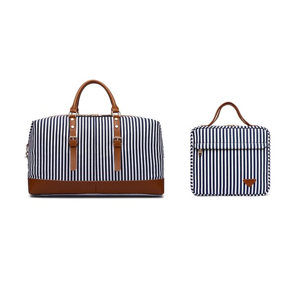 Premium Striped Weekender Duffel Bag &amp; Toiletry Bag Set - 2 Piece