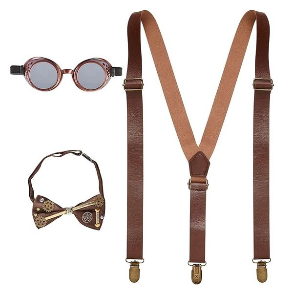 Dress Up: Steampunk Elasticated Suspenders, Eye Glasses and Bow Tie Set