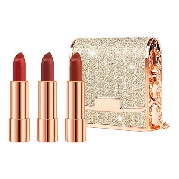 Women's Matte Lipstick Set 3 Colors Lipsticks with Sliver Chain Bag Package