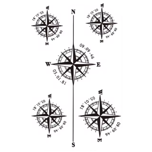 5-Piece Compass Print Waterproof Temporary Tattoo - Black