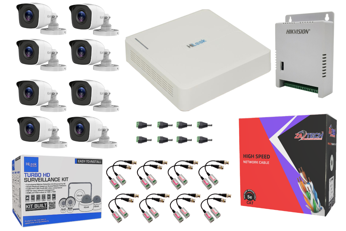 HiLook 8CH Analog CCTV Kit With Zatech 100m Cat5 Cable & Baluns