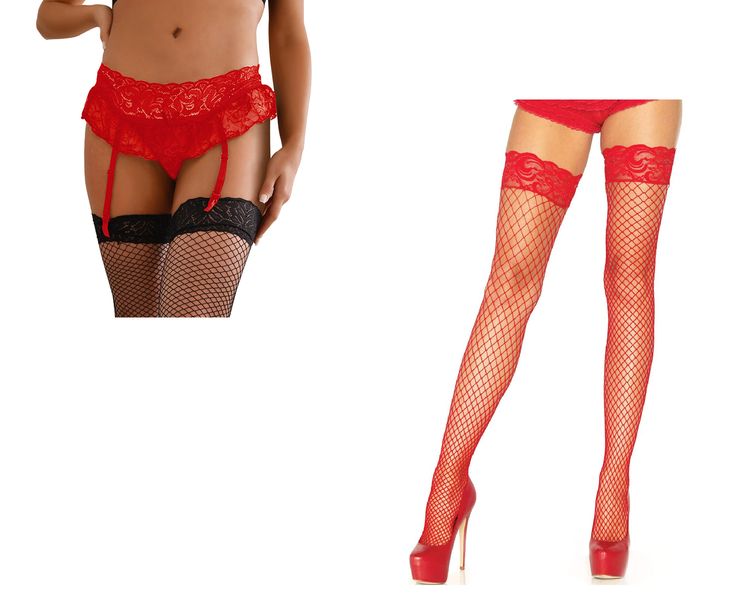 Red Floral Lace Suspender Garter Belt Thong Set with Thigh High Stockings