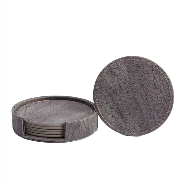 Set of 6 Wood Grain Leather Coasters for Tea &amp; Coffee Cups - Insulated, Non