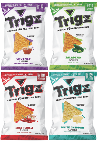 Corn Chips | Chutney, Jalapeno, Sweet Chilli, White Cheddar | 40 Pk | Trigz