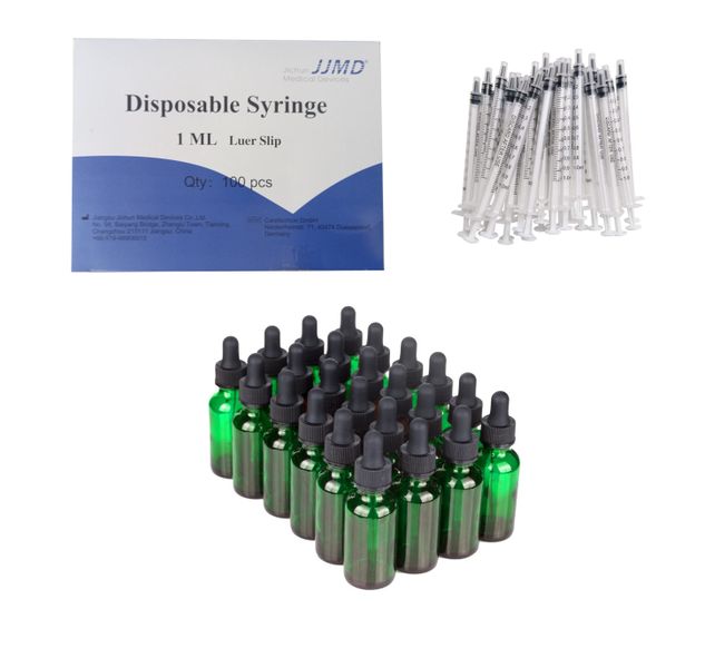 100 each 10ml Green Medicine Bottles &amp; 1ml Syringe Aromatherapy Homeopathy