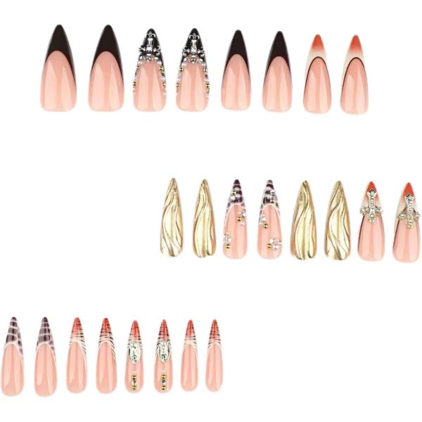 Nails Medium Almond Fake Nails Gold False Nails with Cross Embossed Designs