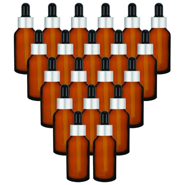 20 x 20ml Amber Glass Dropper Bottle With Black &amp; Silver Pipette