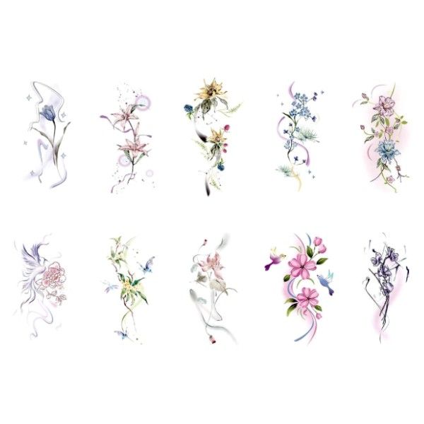 10 Pack - Multiple Unique Flower Design Temporary Tattoo Sheets -Multicolor