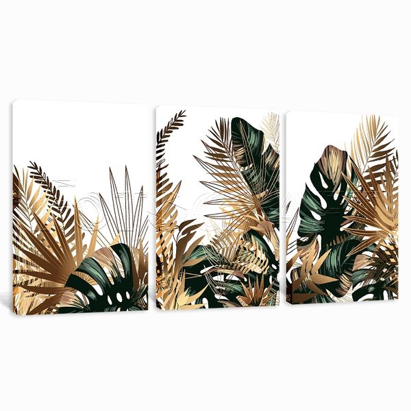 Canvas Art - 3 Piece Tropical Golden Emerald Leaves Canvas Wall Art Decor