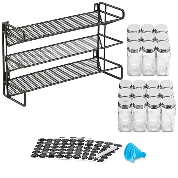 ALANES 3 Tier Spice Racks Organiser with 21 Piece Glass Spice Jars Set