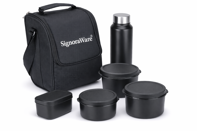 Signoraware Monarch Premium 4 Piece Lunch Box set and Stainless Steel Flask