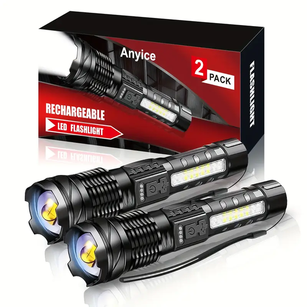 2 Pieces Super Bright LED Flashlights - USB Rechargeable, 6 Mode, Zoomable.