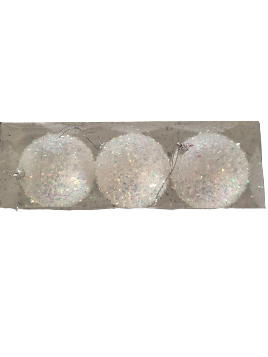 3 White Christmas tree decorative baubles