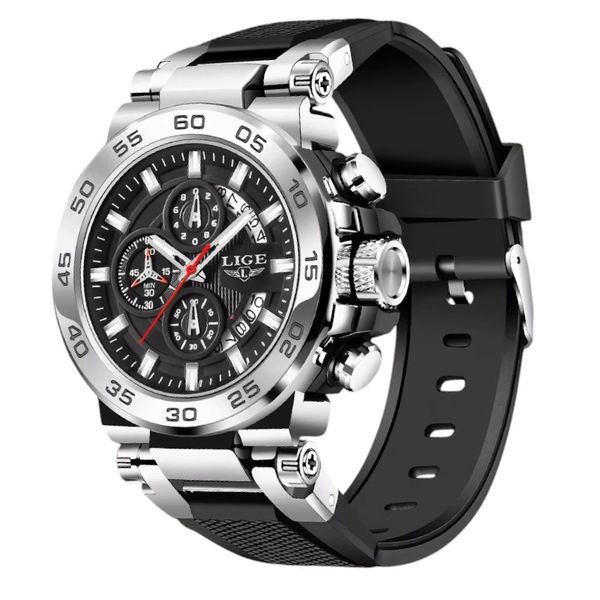 LIGE - Men's Dual Display Quartz Watch With Luminous Hands - Black/Silver