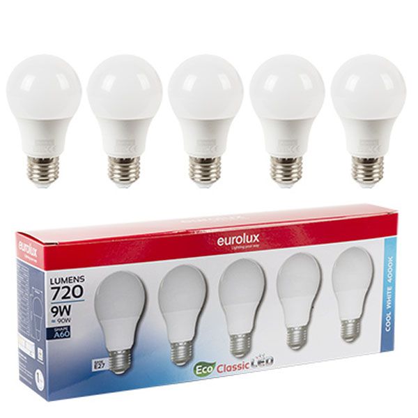 LED A60 Classic E27 Globes 9w 4000K - 5 Pack