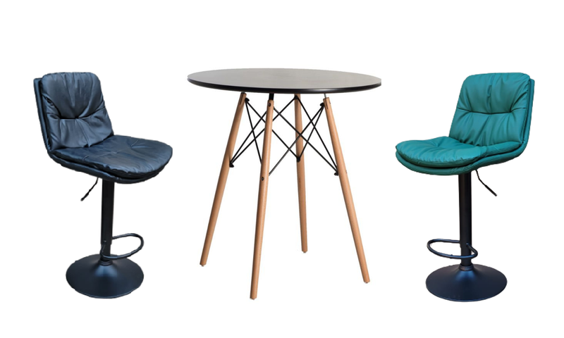 Soft Padded Perla Black Based Bar Stool and Black Wooden Table Set