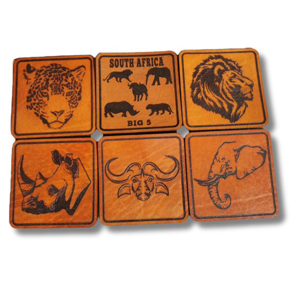 Genuine Leather Coasters Big 5 Engraved - Set of 6