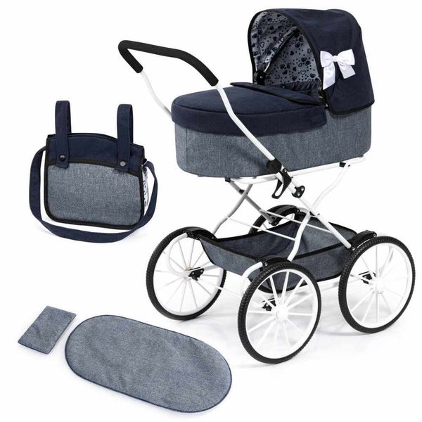 Bayer Classic Dolls Toy Pram (Blue) White Bow (76cm Tall)