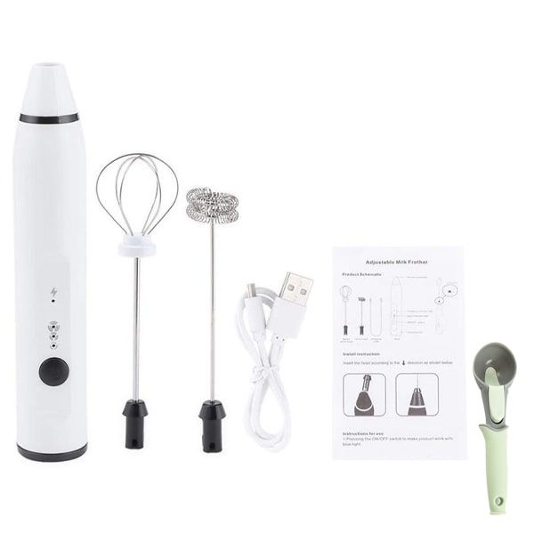 White USB Speed Adjustable Rechargeable Milk Frother with Scoop
