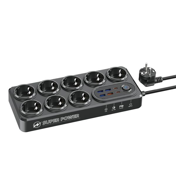 Moxom MX-ST22 Power Strip - 8 AC Outlets, 5 USB Ports (PD &amp; QC 3.0) - Black