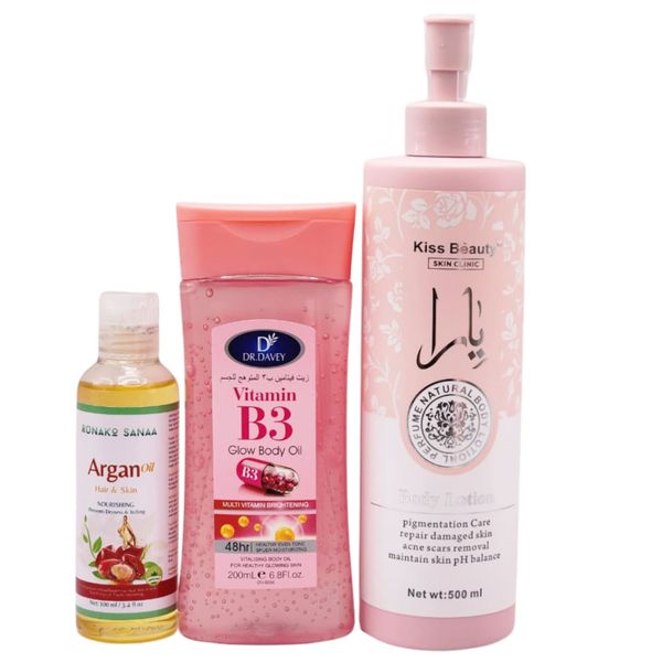 Kiss Beauty Body lotion with Glow Body oil and Runako Sanaa Argan Oil