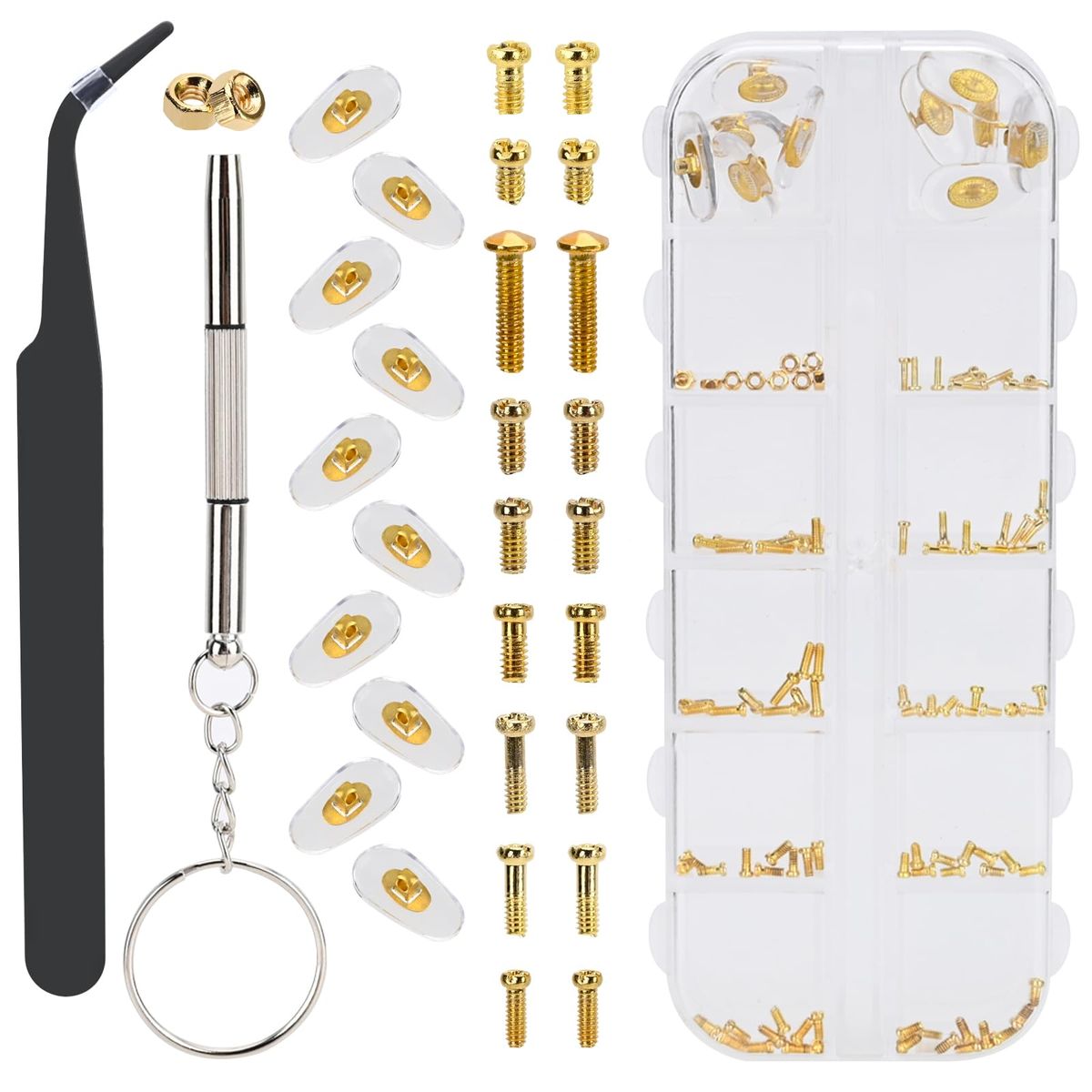 Eyeglass Repair Kit - 5 Pairs of Nose Pads, 10 Types Gold Colored Screws