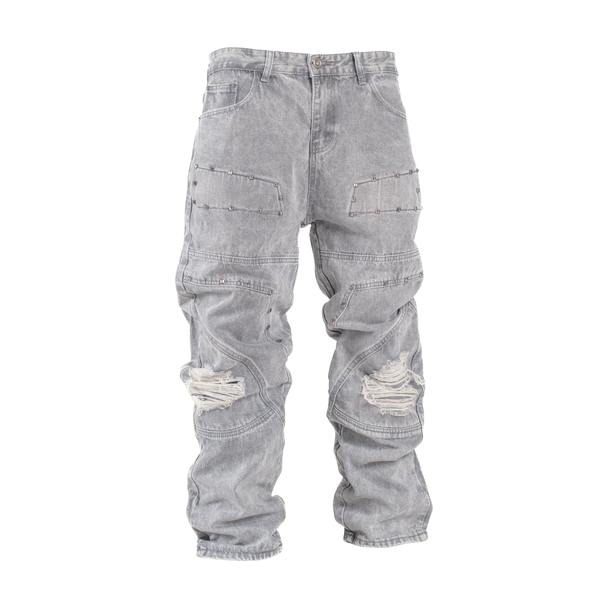 Men's Grey Utility Ripstop Distressed Baggy Jeans