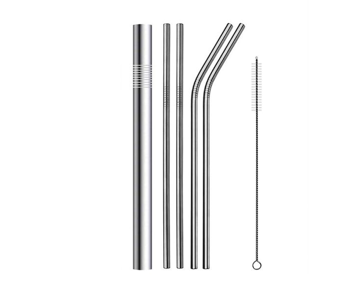 Reusable Stainless Steel Thin &amp; Thick Silver Drinking Straws - 7-Piece