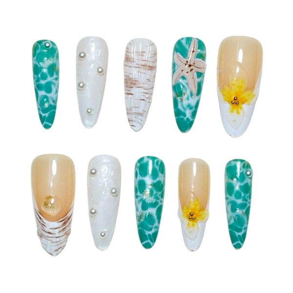 10 Stiletto Press On Nails With Pearls, Shells &amp; 3D Floral Accents - Blue