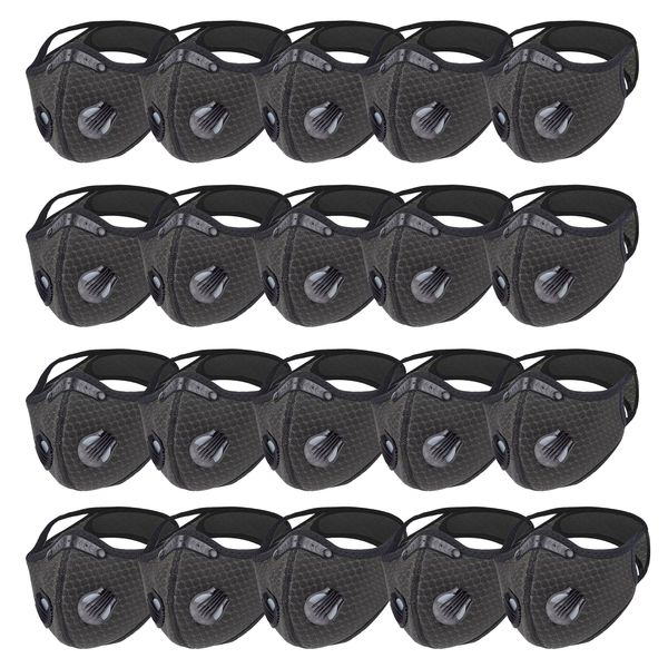 Double Valve Reusable Sports Face Mask with Hook &amp; Loop Straps - Black - 20 Pack
