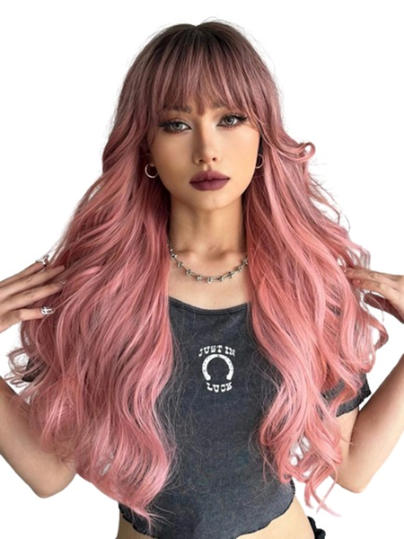 Pink Long Body Wave Synthetic Wig With Fringe
